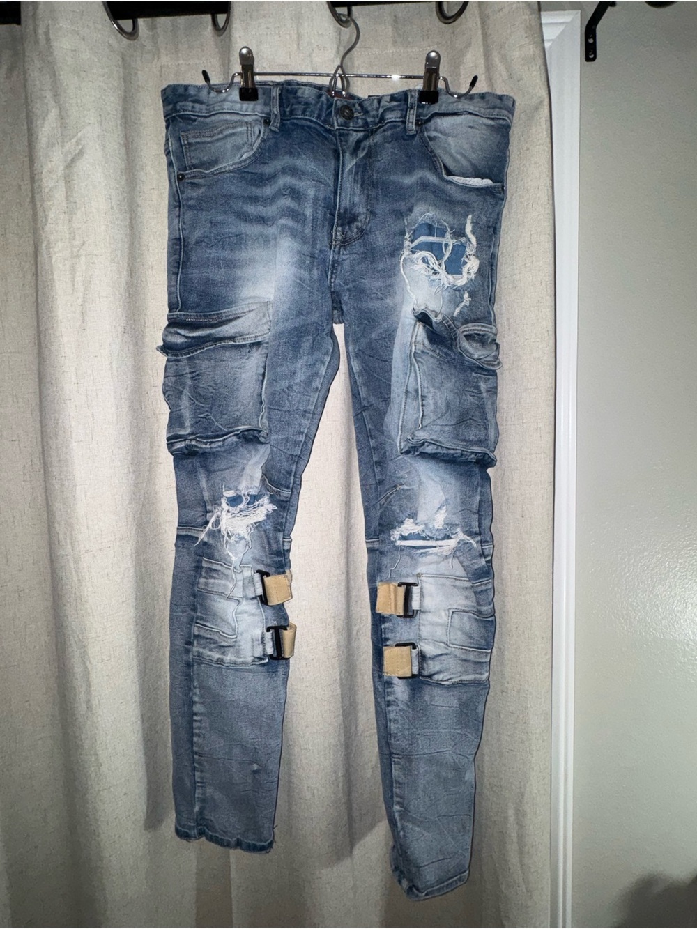 Kloud9 Men's Skinny Distressed Blue Cargo Jeans with Buckle Accents